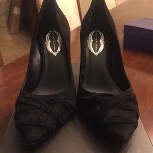 Gorgeous and dressy patterned black suede pumps